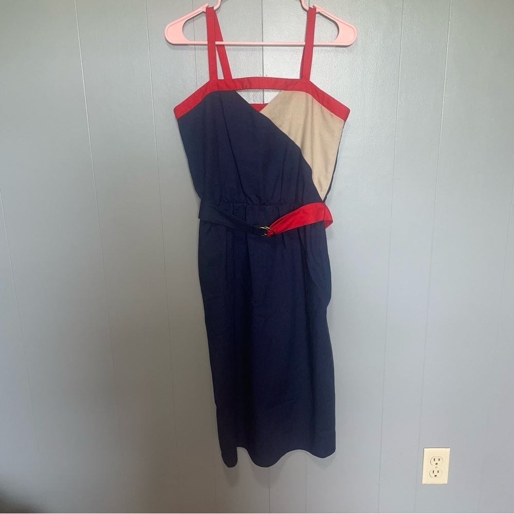 Vintage Howard Wolf Knee Length Navy Red Tan Sleeveless Dress Medium